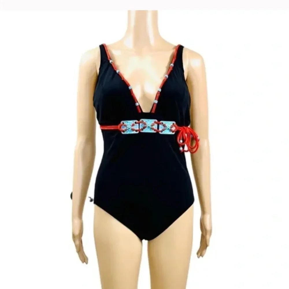 Vintage Lagouf by Silvian Bohemian Aztec black one piece swimsuit